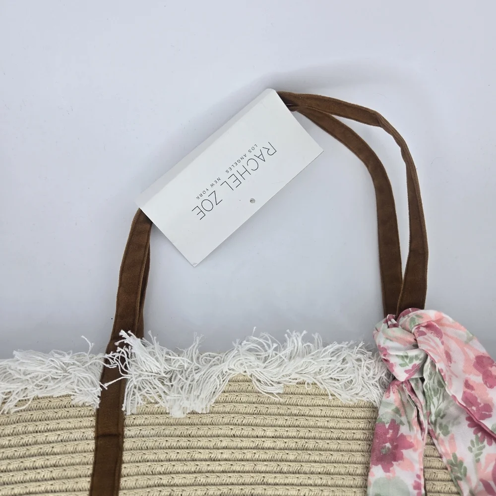 NWT Rachel Zoe Bohemian Woven‎ Raffia Fringe beach Tote Bag Tan Pink Floral bow
